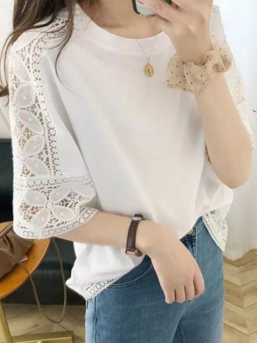 

Женская кружевная простроченная футболка, ажурный топ с круглым вырезом и вышивкой, Корейский Летний Ретро пуловер с коротким рукавом в зап...