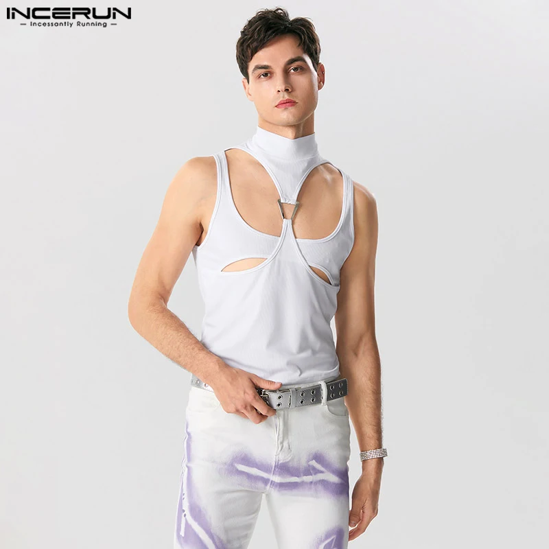 

INCERUN Tops 2023 Handsome Men's Symmetrical Design Hollow Metal Buckle Waistcoat Casual Male Solid Half High Collar Vests S-5XL