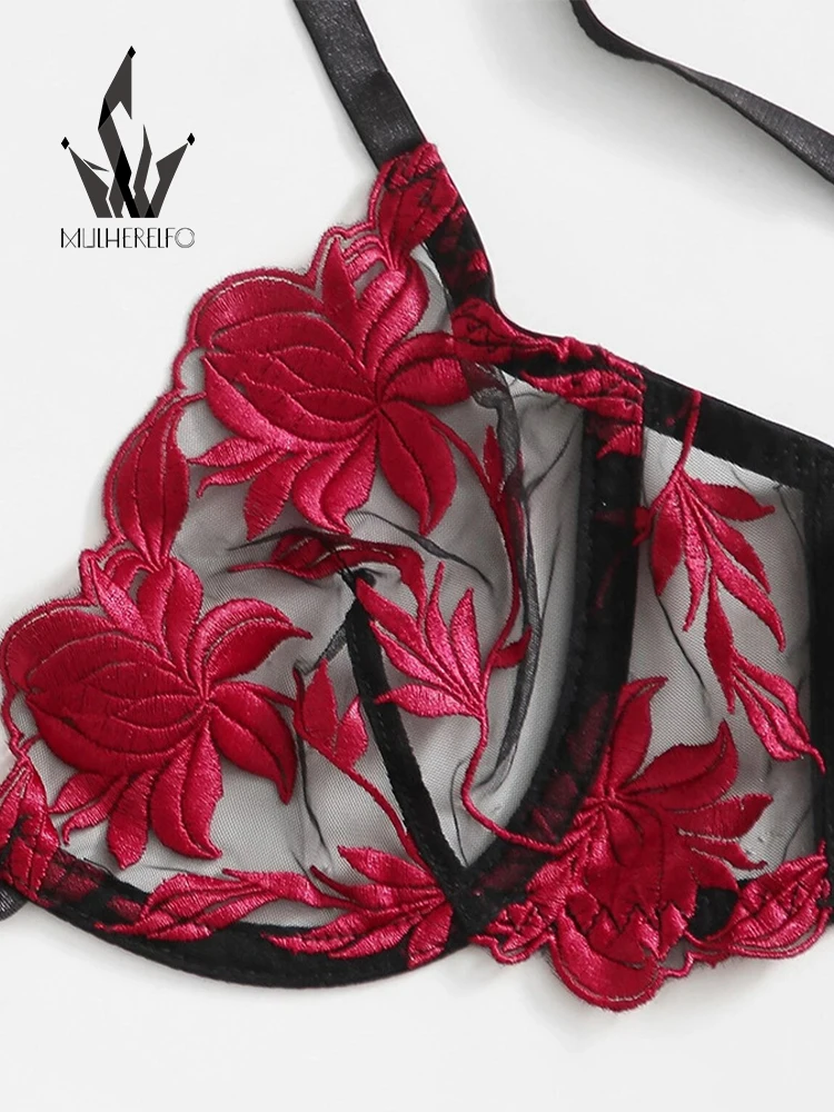 Mulherelfo Sensual Floral Lingerie Sets Women Underwear Sexy Embroidery Transparent Bra and Brief Set Exotic Bralette Outfits