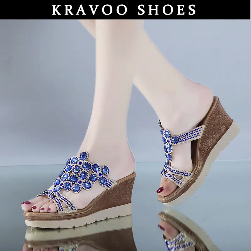 

KRAVOO Platform Shoes Women Wedges Big Rhinestone Female Slippers Casual Sandals 35-43 Roman Peep Toe Ladies Beach Slides 2023