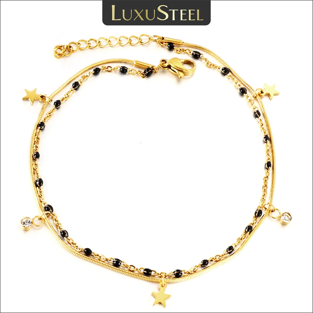 

LUXUSTEEL Female Anklets Thin Snake Double Chain Star Crystal Black Beads Ankle Bracelet Barefoot Sandalias Jewelry Dropshipping