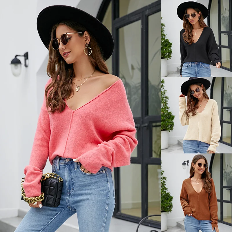 

2023 Autumn and Winter New Lazy Style Women's Casual Knitted Sweater Loose Pullover Bat Sleeve Knit Top