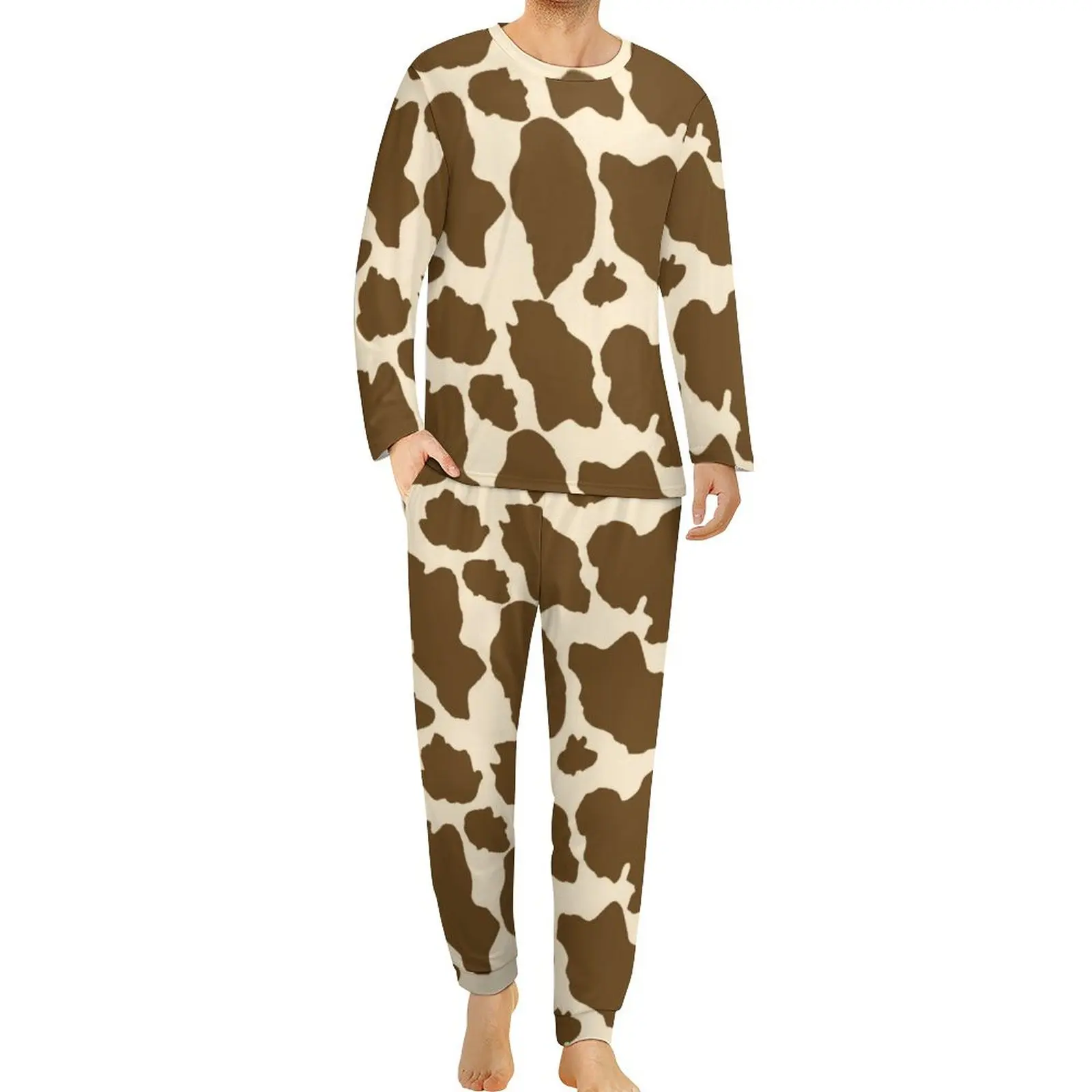 

Animal Cow Print Pajamas Male Brown Spots Lovely Nightwear Autumn Long Sleeve 2 Pieces Home Custom Pajama Sets Big Size