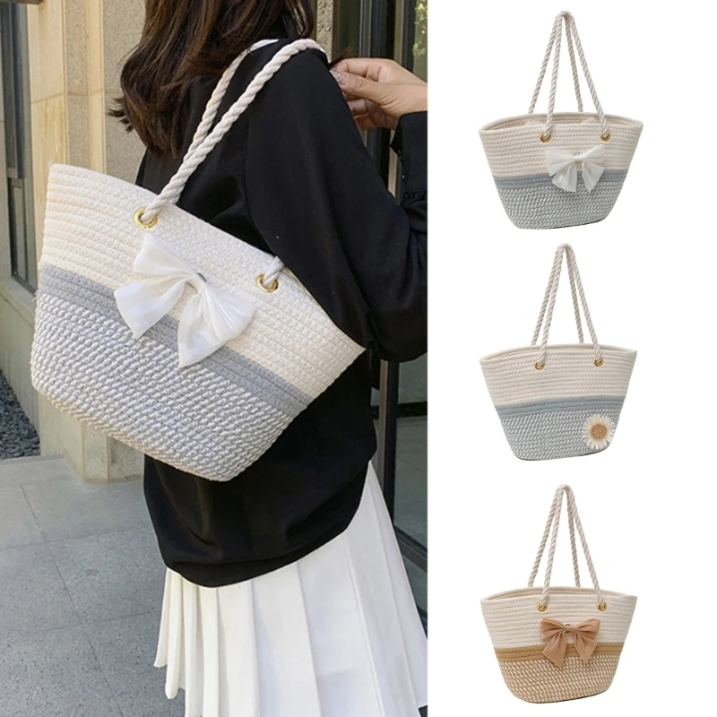 Женская летняя пляжная сумка большая на плечо модная тканая сумка-тоут для