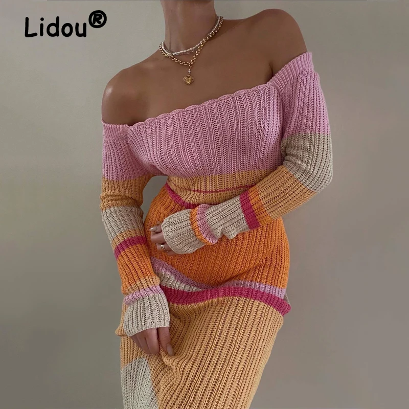 Women Sexy Evening Party Knitted Off Shoulder Long Sleeve Slim Long Dresses Casual Beach Bikini Cover Up Maxi Dress 2022 Summer