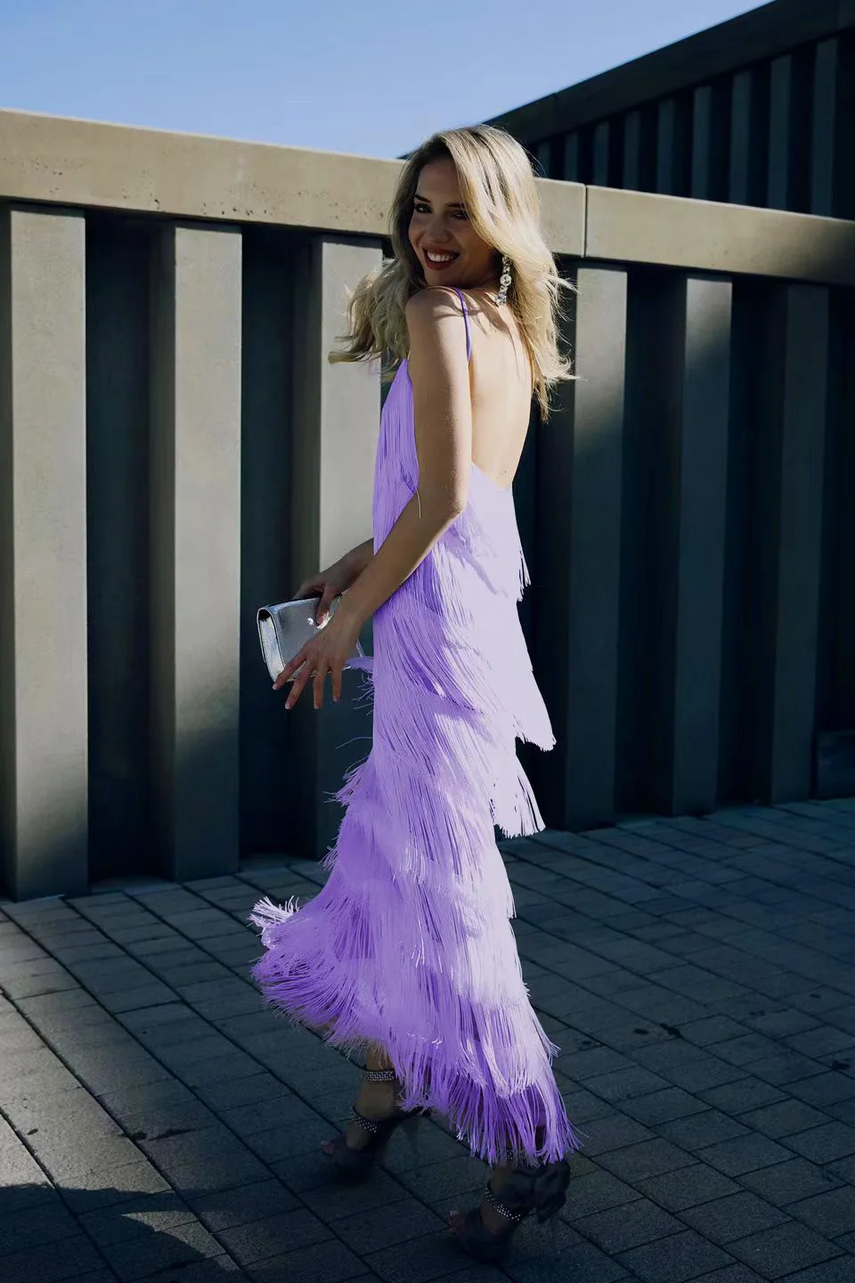 Women Sexy Tassels Party Gown High Quality Spaghetti Deep V-neck Backless Club Dress Fashion Pleated Beach Dresses