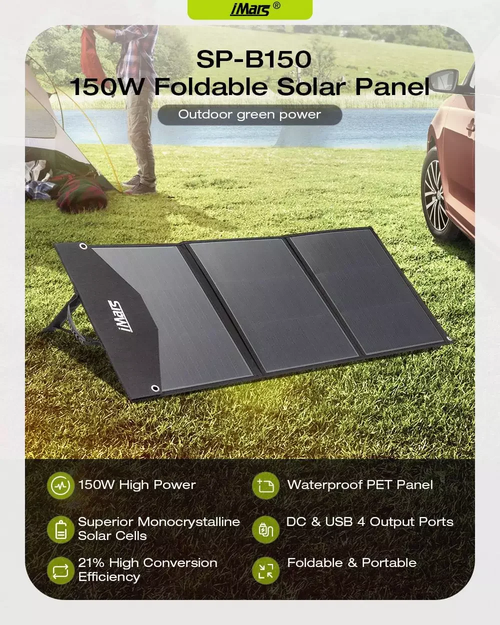 

iMars SP-B150 150W 19V Solar Panel Outdoor Waterproof Superior Monocrystalline Solar Power Cell Battery Charger for Car Camping