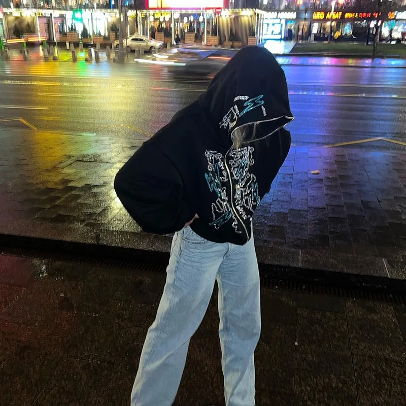 

Y2k Handsome Skeleton print Hoodies Men Zip Up Long Sleeve Streetwear Sweatshirts Coats Hip Hop Loose Oversized Hooded Jackets