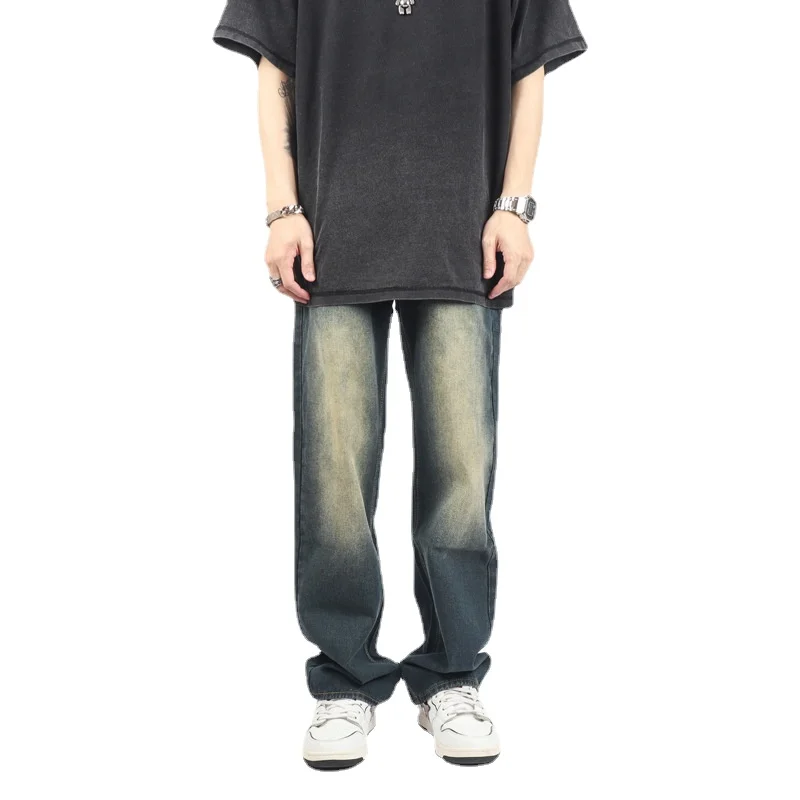 High Street Retro Yellowing Blue Straight Loose Mens Jeans Streetwear Male Full Length Wide Leg Denim Pantalones Vaqueros Hombre