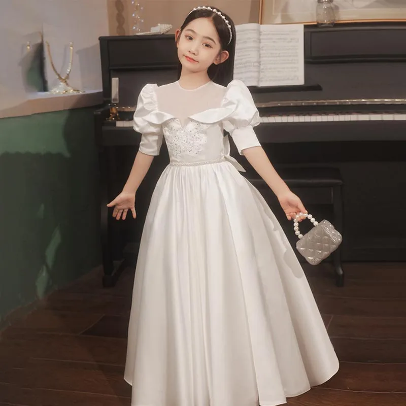 

White O-Neck Empire Short Sleeves Floor-Length Zipper Back A-Line Kids Party Communion Dresses Girl Dresses For Weddings A2079