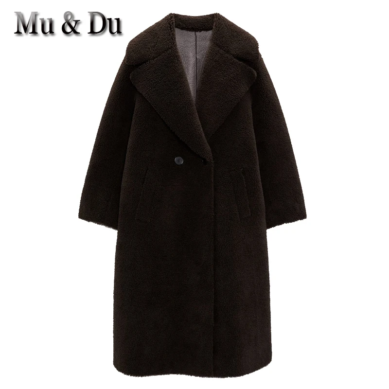 

Mu&Du 2023 Winter Woman Faux Leather Fur Jacket Vintage Lapels Long Lambswool Coats Warm Oversized Double Sided Outwear Mujer