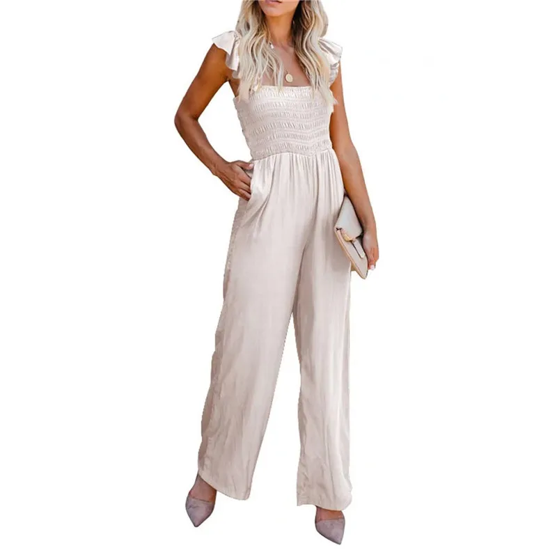 

Women Summer Wide Leg Jumpsuit Casual Solid Color Flying Sleeve Square Neck Ruched Rompers Overalls Long Pants Female Clothing