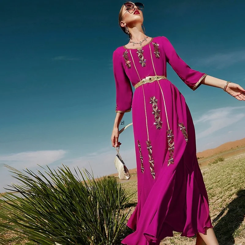 Rose Red Hand-Stitched Diamond Vintage Ethnic Dress for Women Gold Ribbon Ruffled Hem Dubai Moroccan Caftan Arab Robe
