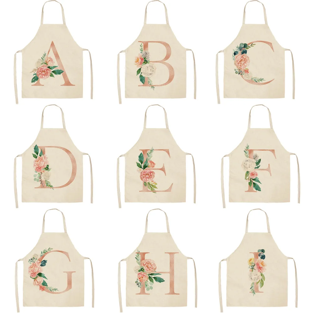 

Kitchen Women Apron Pink letter Flowers Printed Linen Aprons Adult Childs Leeveless Aprons Waterproof Home Cleaning Tools