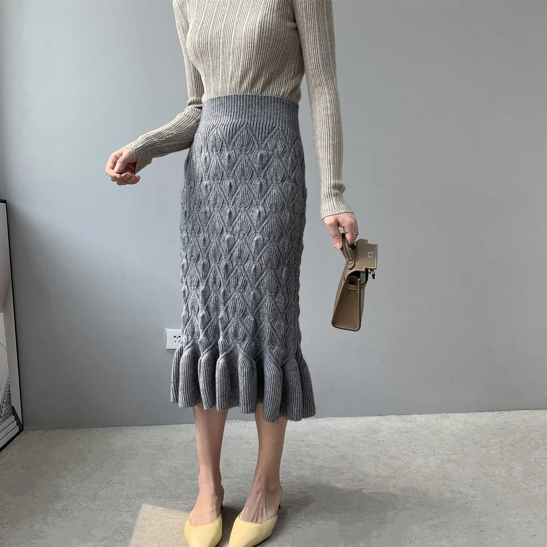 

Демисезонная эластичная юбка с высокой талией, новая длинная юбка-годе, Повседневная универсальная трикотажная юбка с бриллиантами SYXLYQ207