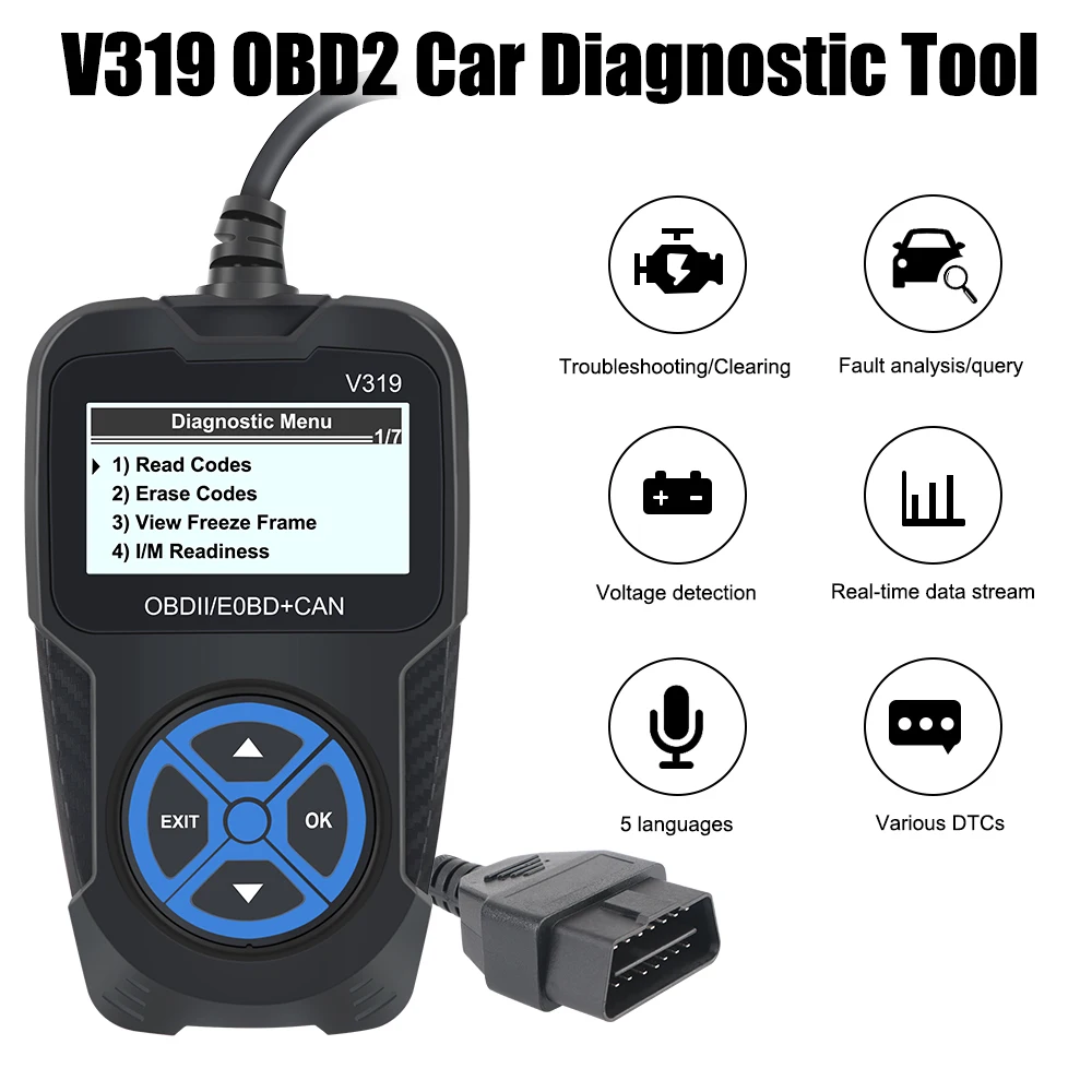 Фото Считыватель кодов OBD2, цифровой дисплей, сканер OBD 2, универсальные автомобильные аксессуары, диагностический инструмент двигателя V319, инструменты для диагностики автомобиля №1