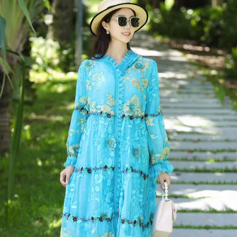 

Spring And Autumn 2022 Ladies Three-Dimensional Embroidery Hooded Long Sleeve Loose Mid-Length High-End Silk Coat One Size