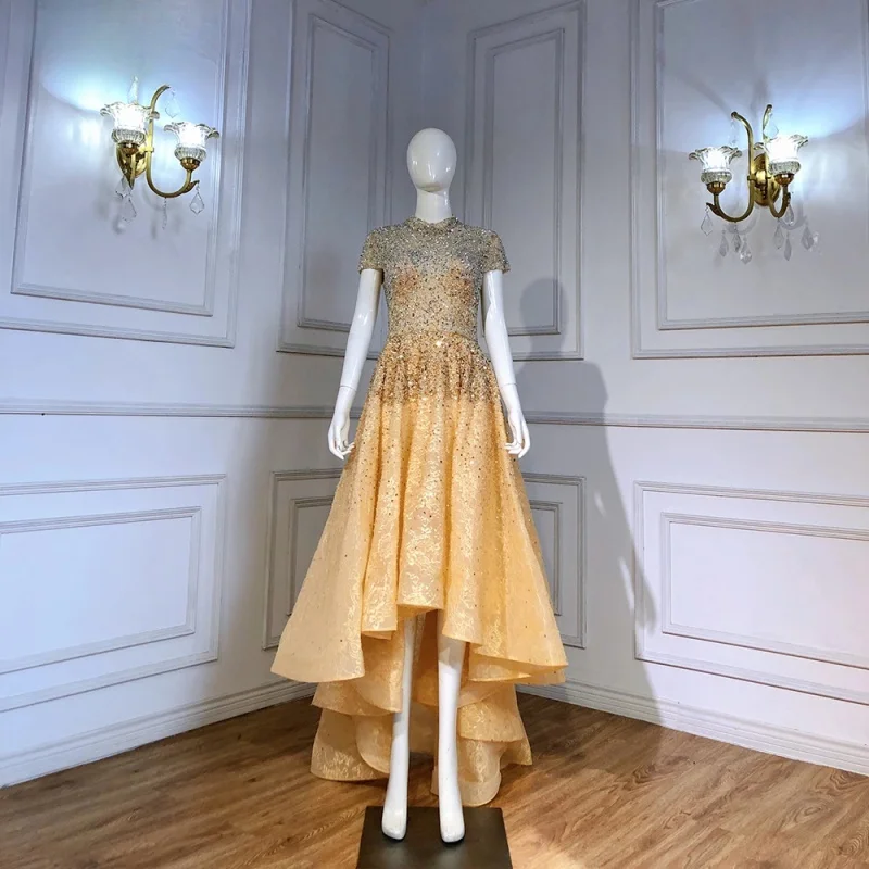 

Gold Cap Sleeves Luxury Beaded Evening Formal Dress Best Price High Low Party Gowns For Women