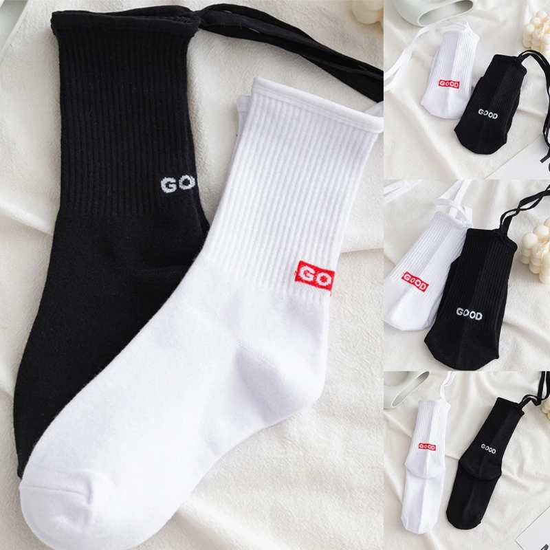 Японские женские носки в рубчик с бантом на шнуровке Харадзюку буквенным принтом