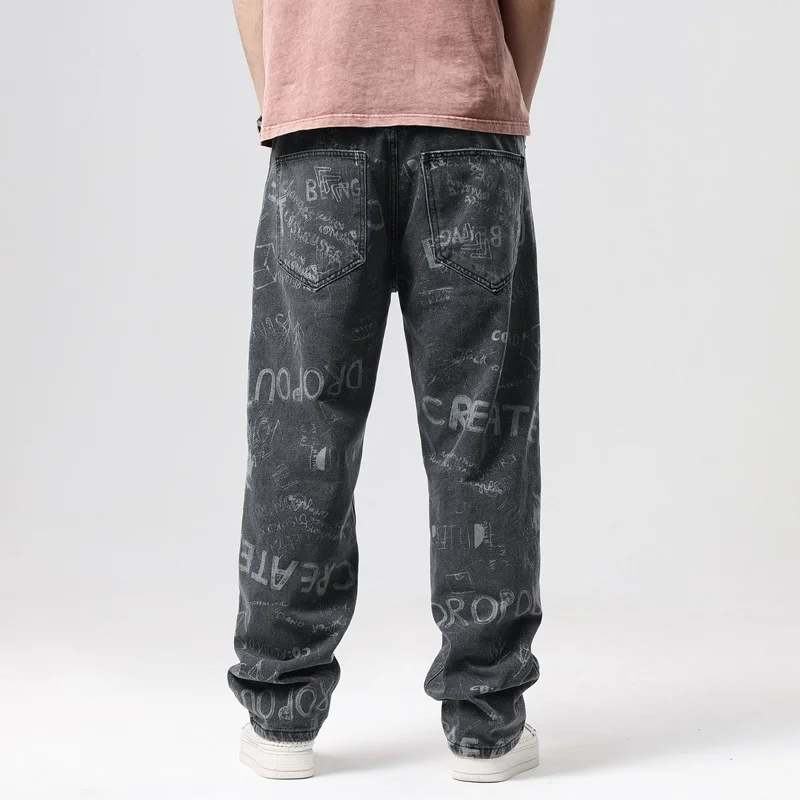 Men's Jeans Fashion Streetwear Letter Graffiti Denim Pant Male Skateboard Loose Trousers Plus Size Clothing Vintage |