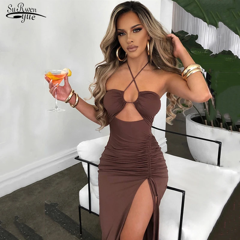 

Женское длинное платье на бретельках, сексуальное платье с лямкой на шее и открытой спиной, Клубное платье с вырезом на спине, модель 2022 на л...