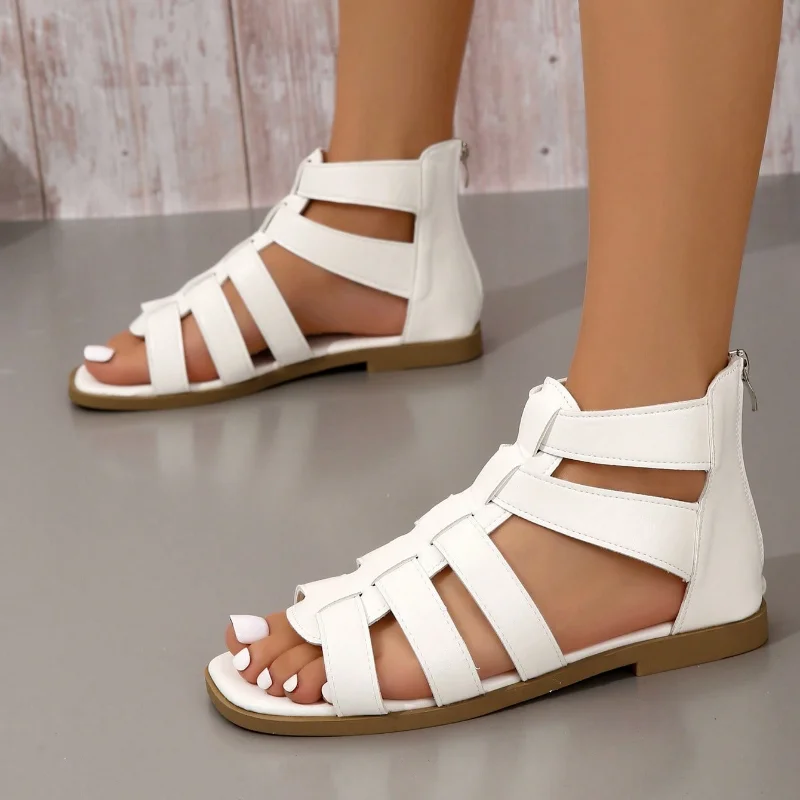 Women Solid Casual Retro Flat Sandals Vacation Outdoor Gladiator Zipper Sandals Summer hollow out Elegant PU Leather White Shoes