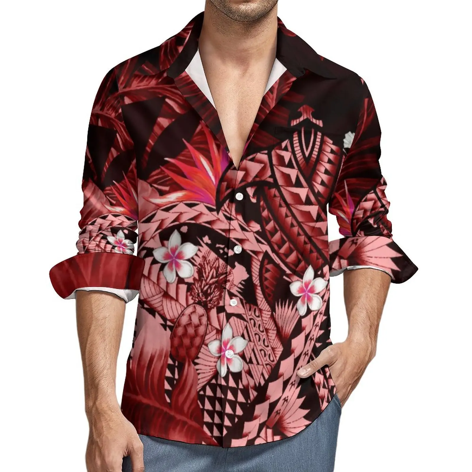 Handsome Cool Mens Long Sleeve Shirt Personality Street Apparel Polynesian Tradition Tribal Design Mens Slim Long Sleeve Shirt