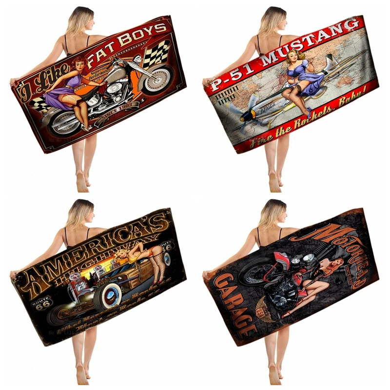 

Motorbike Airplane Pinup Girls American Highway 66 Retro Logo Quick Drying Towel By Ho Me Lili Fit For Yoga Fitness Etc