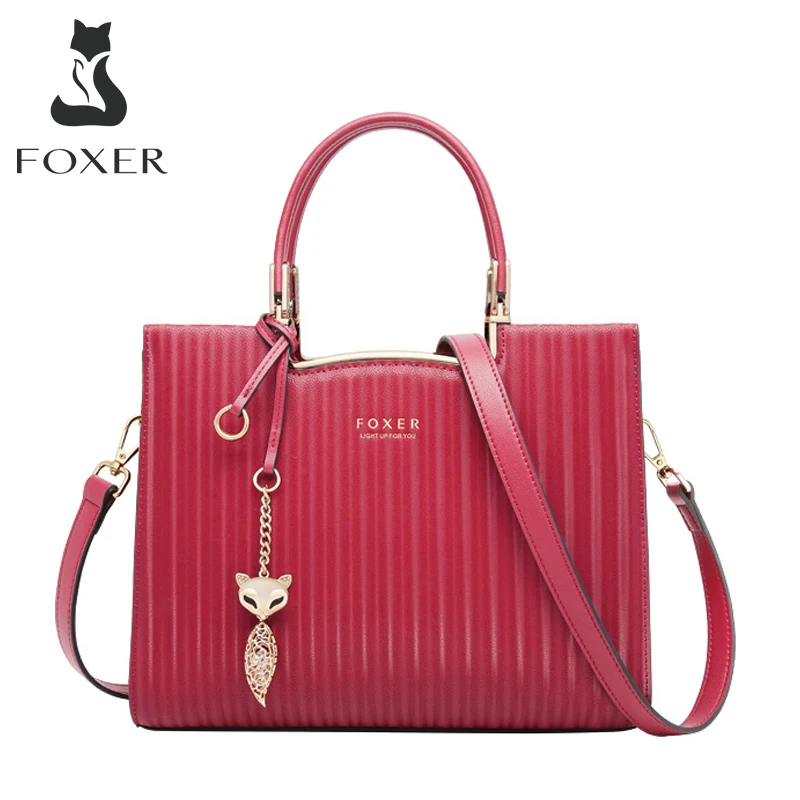 

FOXER Women Top Handle Pendant Bag Cowhide Leather Middle Handbag Lady Vintage Shoulder Crossbody Bag Commuter Tote Female Purse
