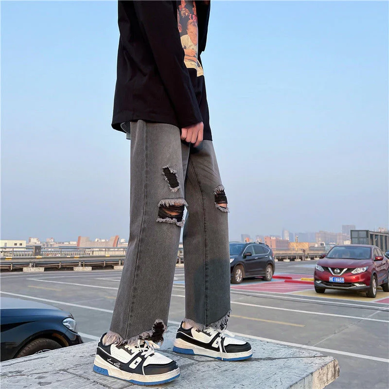 Summer Black Ripped Jeans Men Fashion Casual Wide Leg Jeans Men Streetwear Loose Hip Hop Straight Hole Denim Pants Mens Trousers