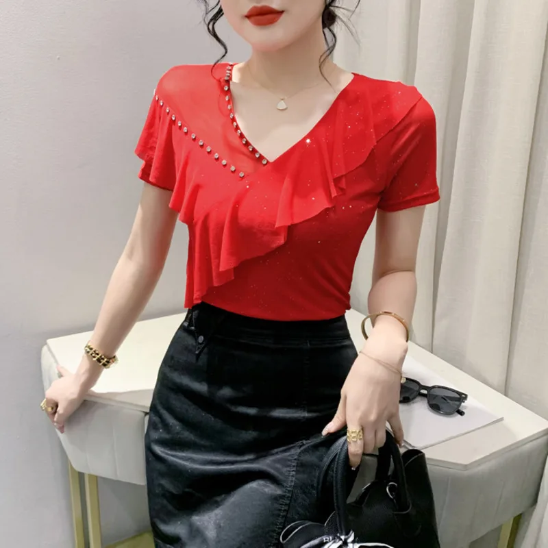 # 5944 Черная синяя красная эластичная сетчатая футболка женская с v-образным