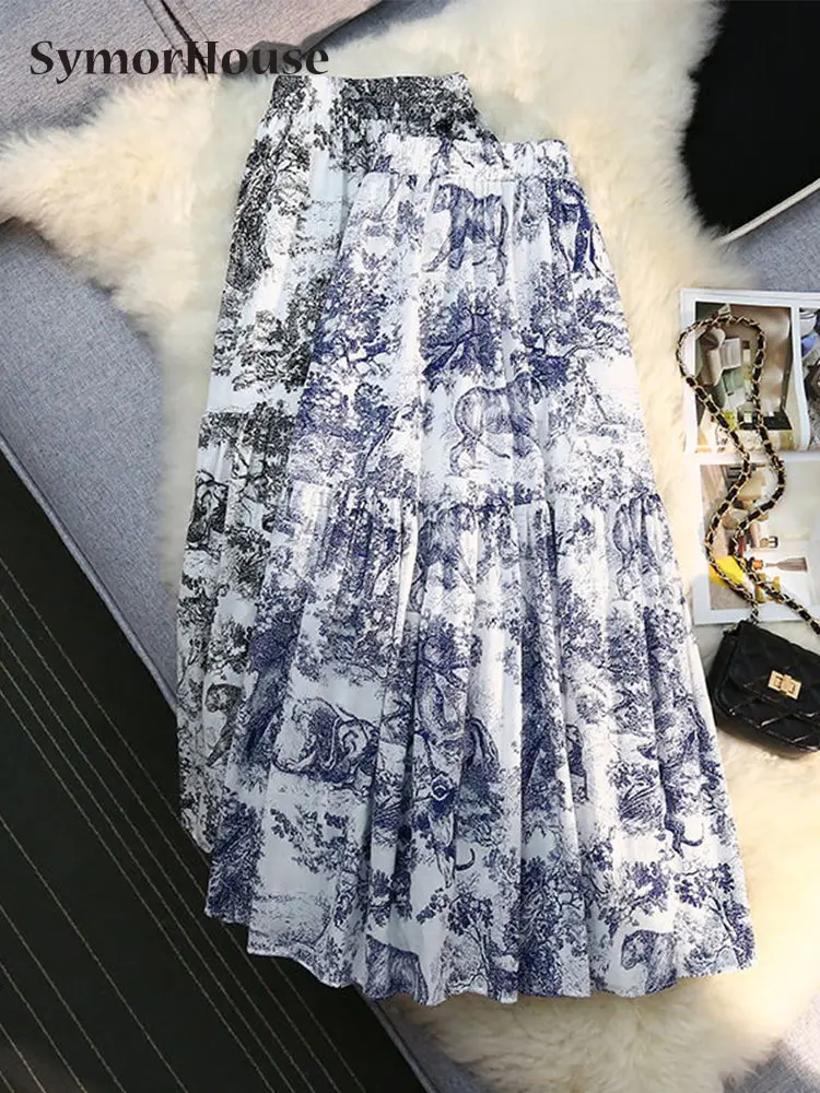 

Юбка женская плиссированная средней длины, Элегантная модная повседневная трапециевидная юбка с высокой талией и цветочным принтом, с элас...