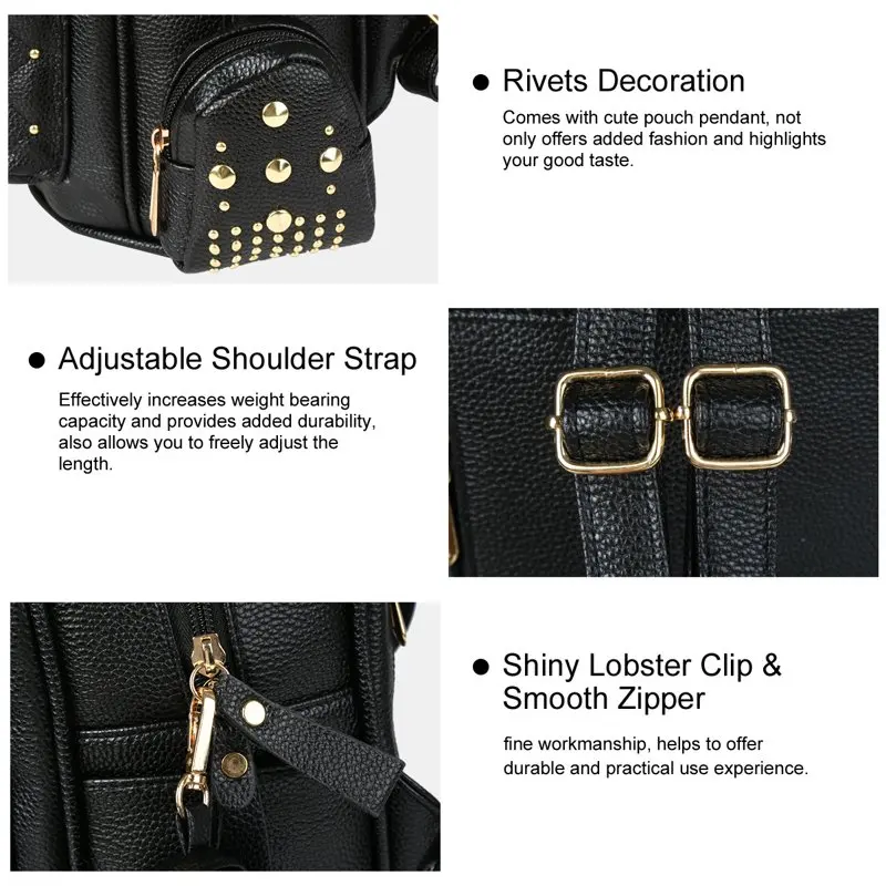 

Trendy Chic Casual Outdoor Black PU Leather Backpack for Women, Rivets Decoration Daypack Travel Shoulders Bag, School Backpacks
