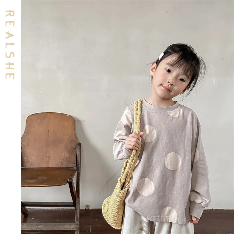 

2023 Children's T-Shirt for Boys Girls long sleeve dot print Kids Shirts casual loose Toddler Tee Tops Summer Clothing