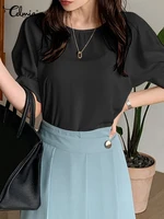 fashion puff half sleeve shirt celmia elegant women round neck blouse summer casual solid loose pleats stitching all match tops