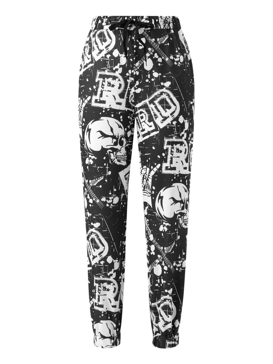 

Женские спортивные брюки на завязках с высокой талией и принтом черепа розы