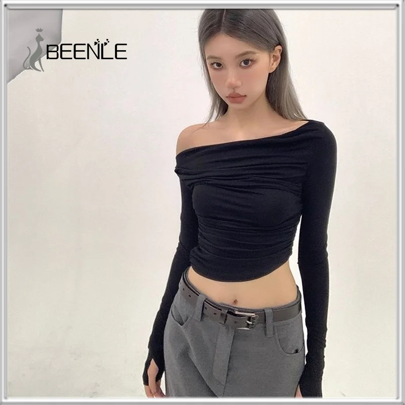 

Женская блузка с длинным рукавом BEENELE, черная плиссированная блузка с открытыми плечами, весна-осень