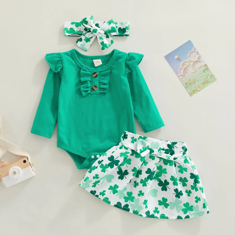 Baby Clothing Girls 3Pcs Spring Long Sleeve Ruffle Romper Shamrock Skirt Headband outfits Clothes Baby's Sets
