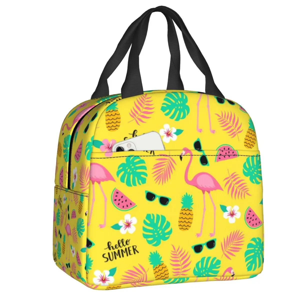 

Flamingos Palm Leaves Lunch Box Women Waterproof Tropical Pineapple Pattern Thermal Cooler Food Insulated Lunch Bag Office Work