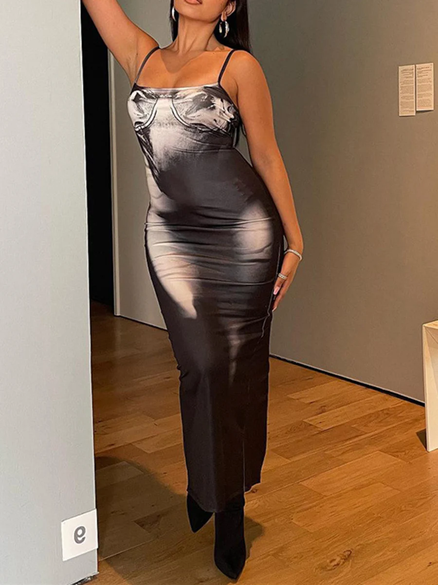 

Женское облегающее платье на бретелях-спагетти без рукавов, летнее повседневное длинное платье с разрезом на завязках для ночного клуба, пляжа