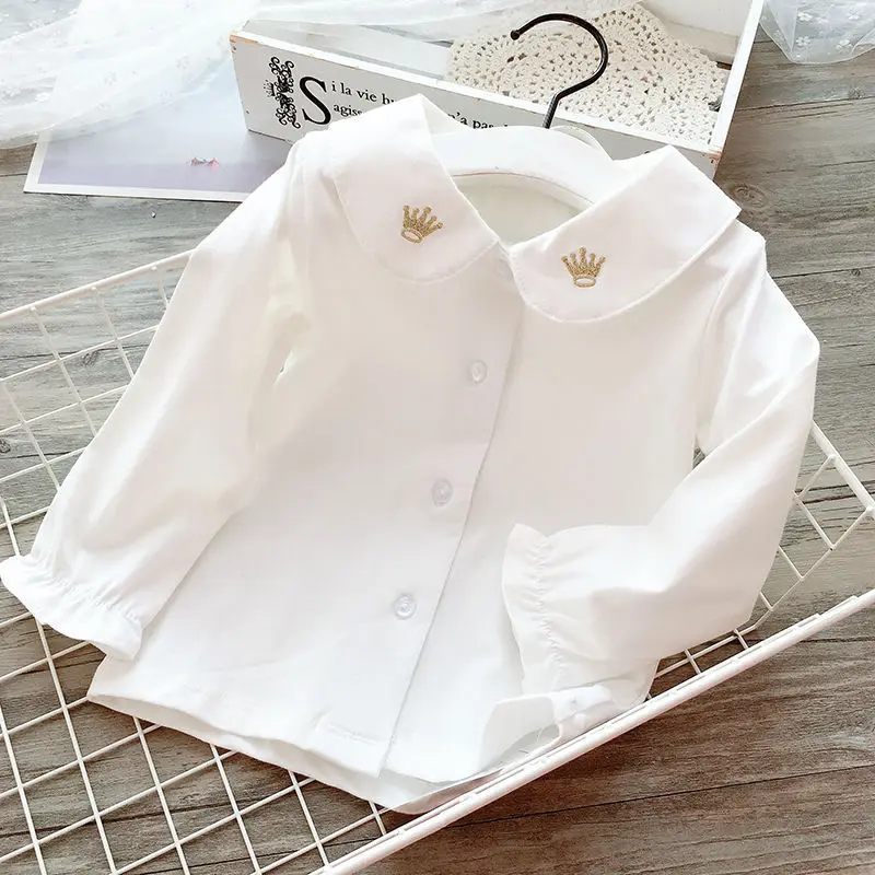 

Girls' White Shirts Spring and Autumn Children's Lapel Bottoming Shirts Tops Long Sleeves T-Shirts Children's Blouse