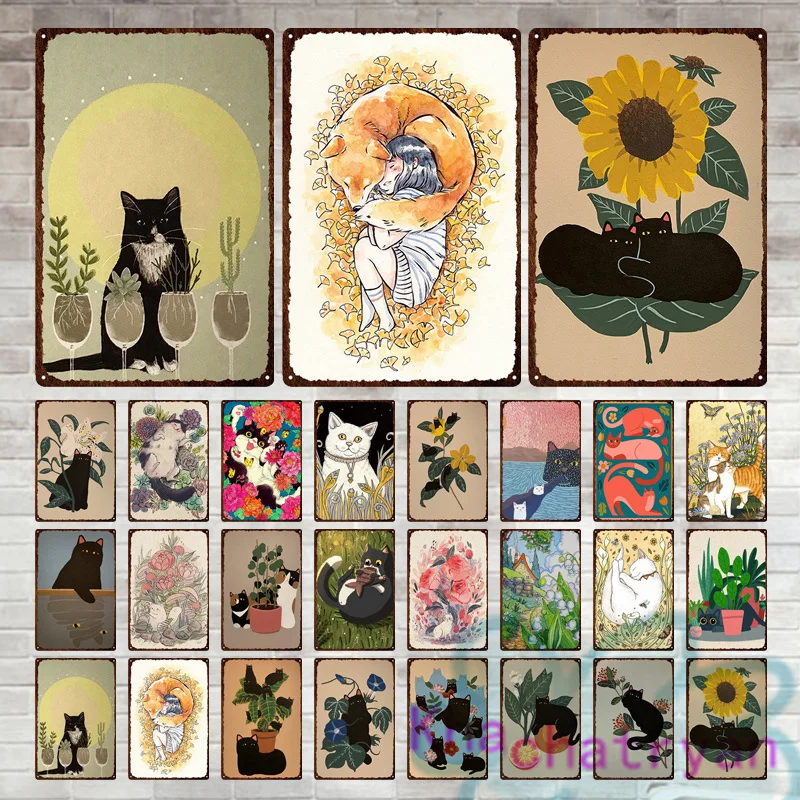

Винтажная иллюстрация животных, черные кошки, цветы, металлическая табличка, железная жестяная пластина, художественная живопись для гости...