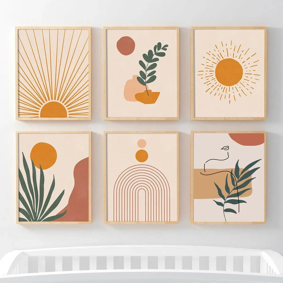 Винтажные абстрактные богемные постеры с изображением растительного солнца