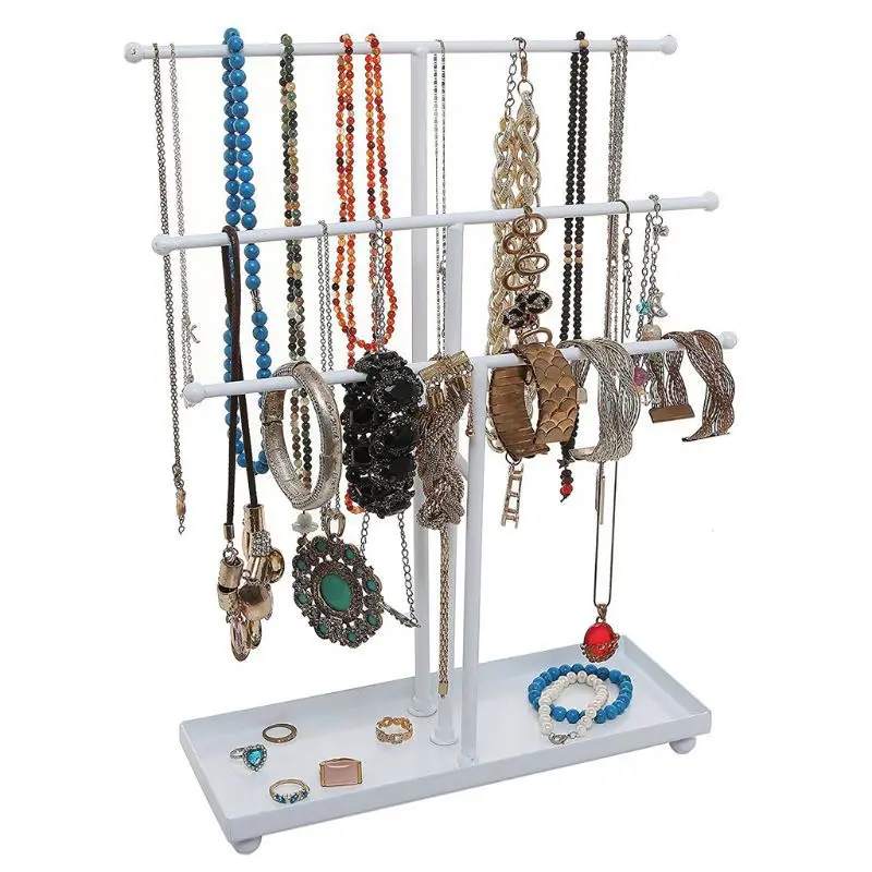 3-Tier Vintage Gold Metal T-Bar Jewelry Organizer Stand, Necklace and Bracelet Hanging Display with Gray Wood Ring Tray