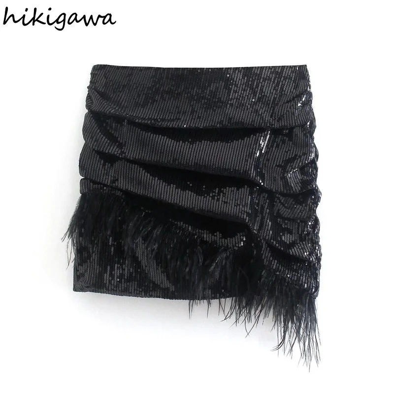 

Hikigawa Women Fashion With Sequin Design Raw Edge Mini Skirt Vintage High Waist Female Black Skirts Mujer Faldas