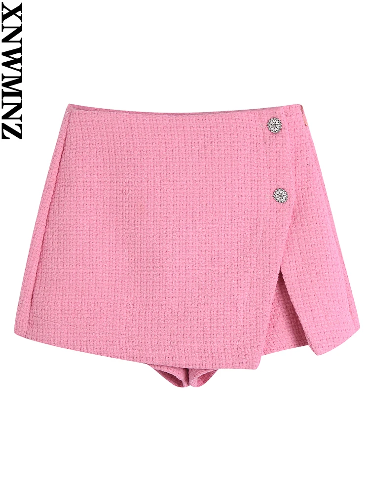

XNWMNZ 2022 women fashion textured culottes retro side zipper rhinestone buttons female high waist chic short skirt