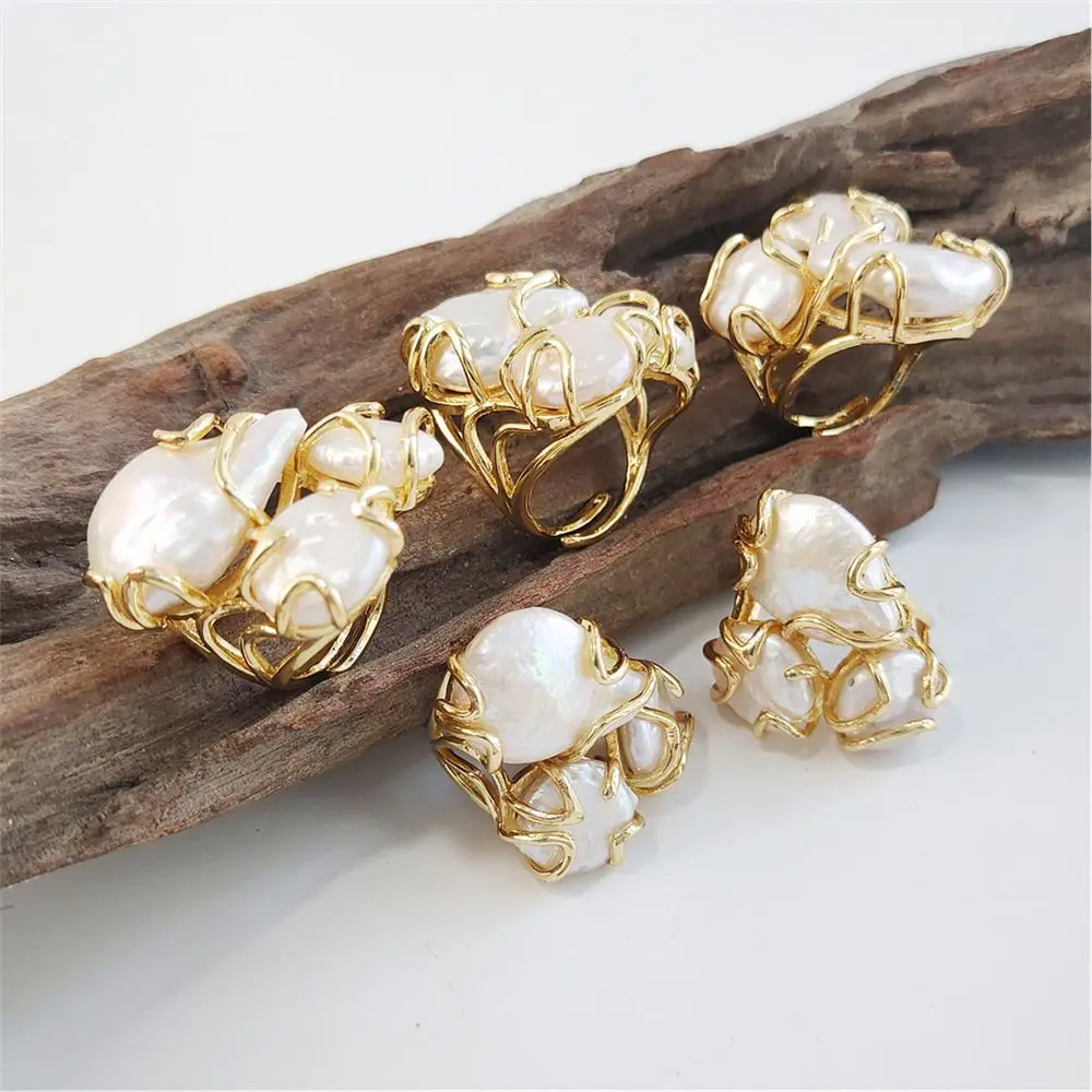 1 шт. великолепное кольцо с натуральным жемчугом FUWO покрытое золотом три камня