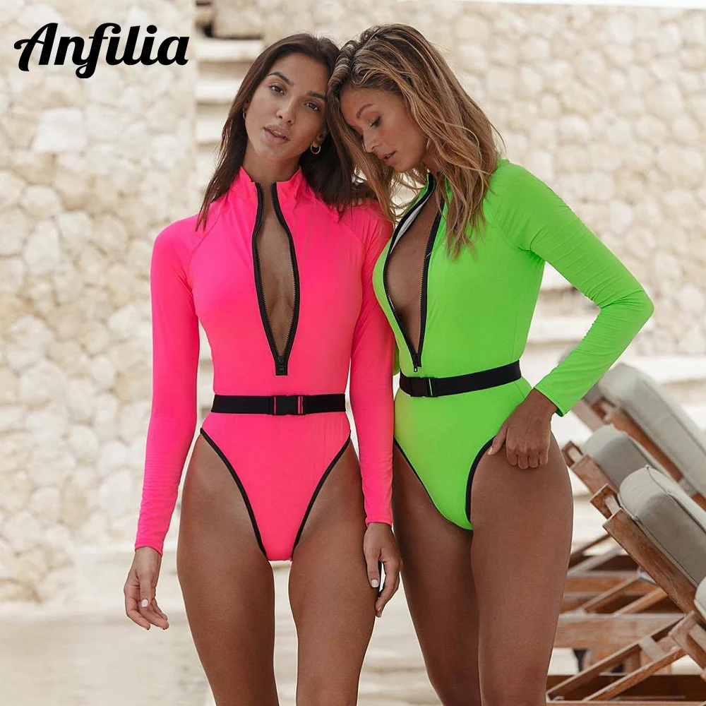 

Anfilia Women One Piece Swimsuit Triangle Bikini Fluorescent Color Deep V Neck Sexy Surf Wear Suit UPF 50+ Rash Guard