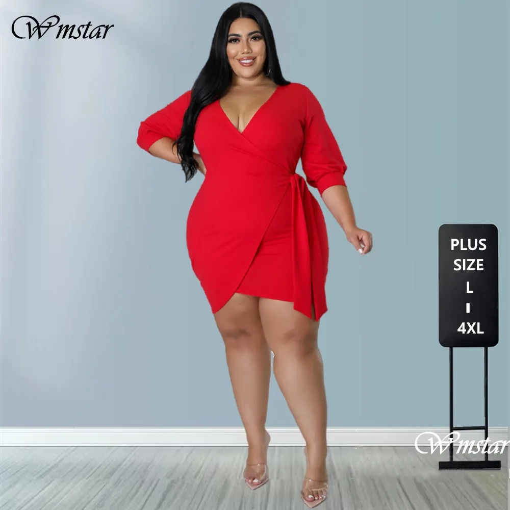 

Wmstar Plus Size Dresses for Women Summer Solid Deep V Neck Bandage Elegant Party Midi Dress Office Lady Wholesale Dropshipping