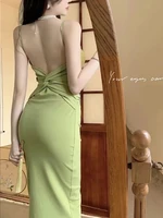 green elegant dresses for women sexy pleated backless bodycon dress sleeveless suspenders high waist a line slim long dress